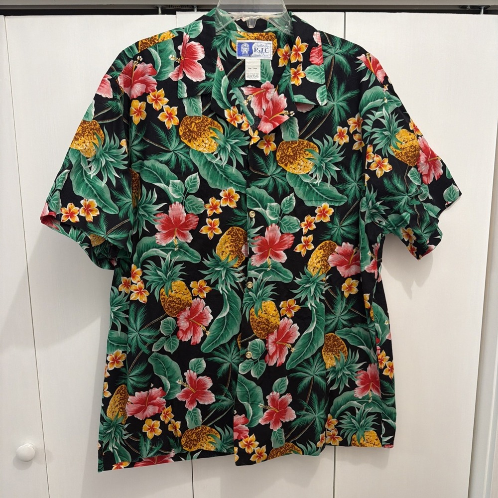 VTG RJC‎ Hawaiian Hibiscus & Pineapple Button Down, Sz XL, Made in Hawaii USA
